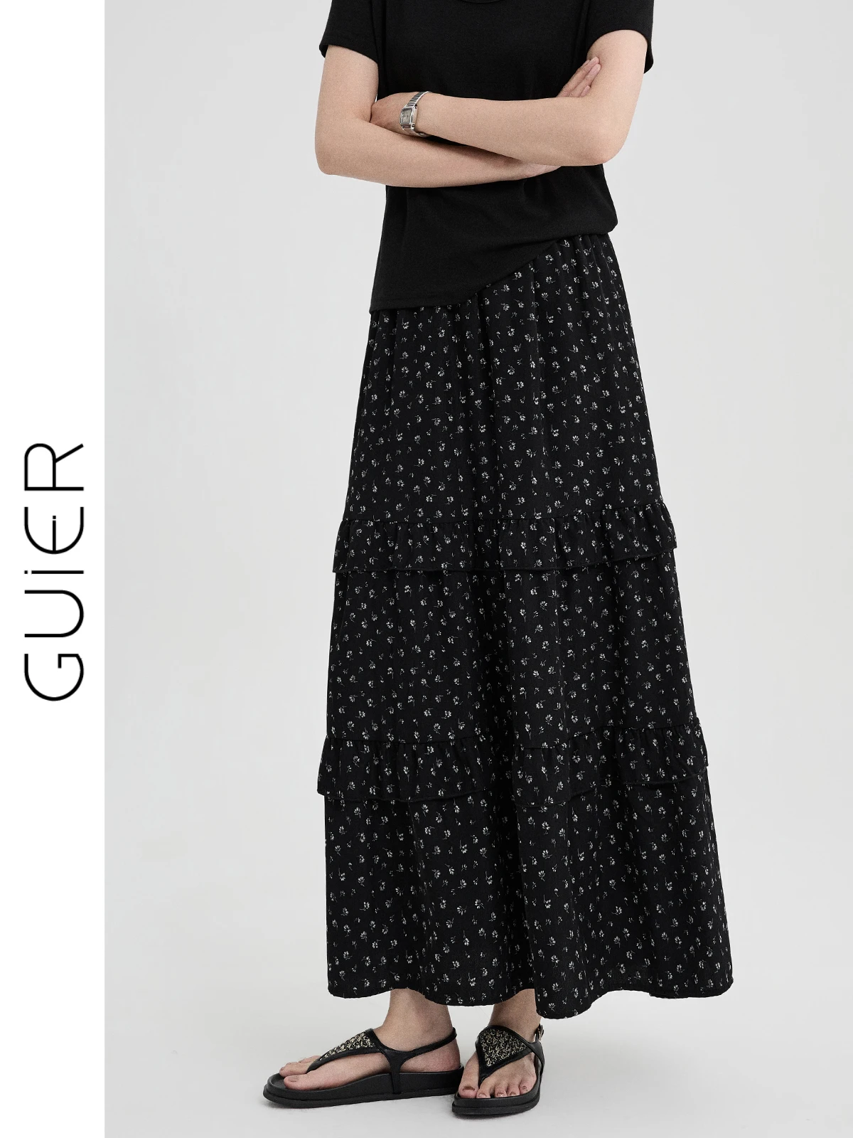 

Черная юбка А-силуэта с цветочным принтом, женская, летняя, 2026, новая, в корейском стиле, ретро, с эффектом похудения, с высокой талией, свободного кроя, эластичная