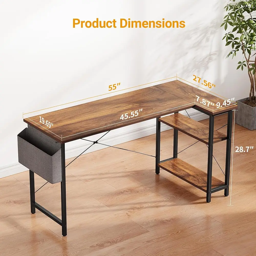 L Shaped Desk, 55 H Computer Desk With Reversible Storage Shelves Home Office Corner Desk Study Writing Table, Deep Brown