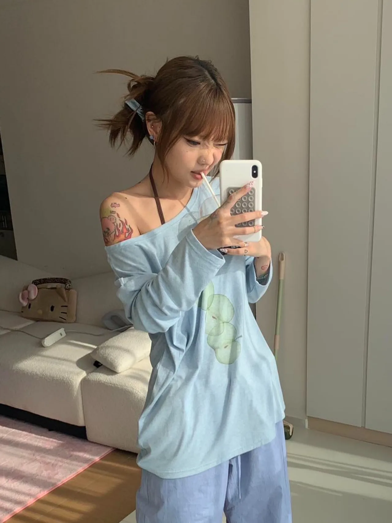 Laid-back Style Versatile  Print Long Sleeve Loose T-shirt Women Summer Casual Breathable Micro-translucent One-shoulder...