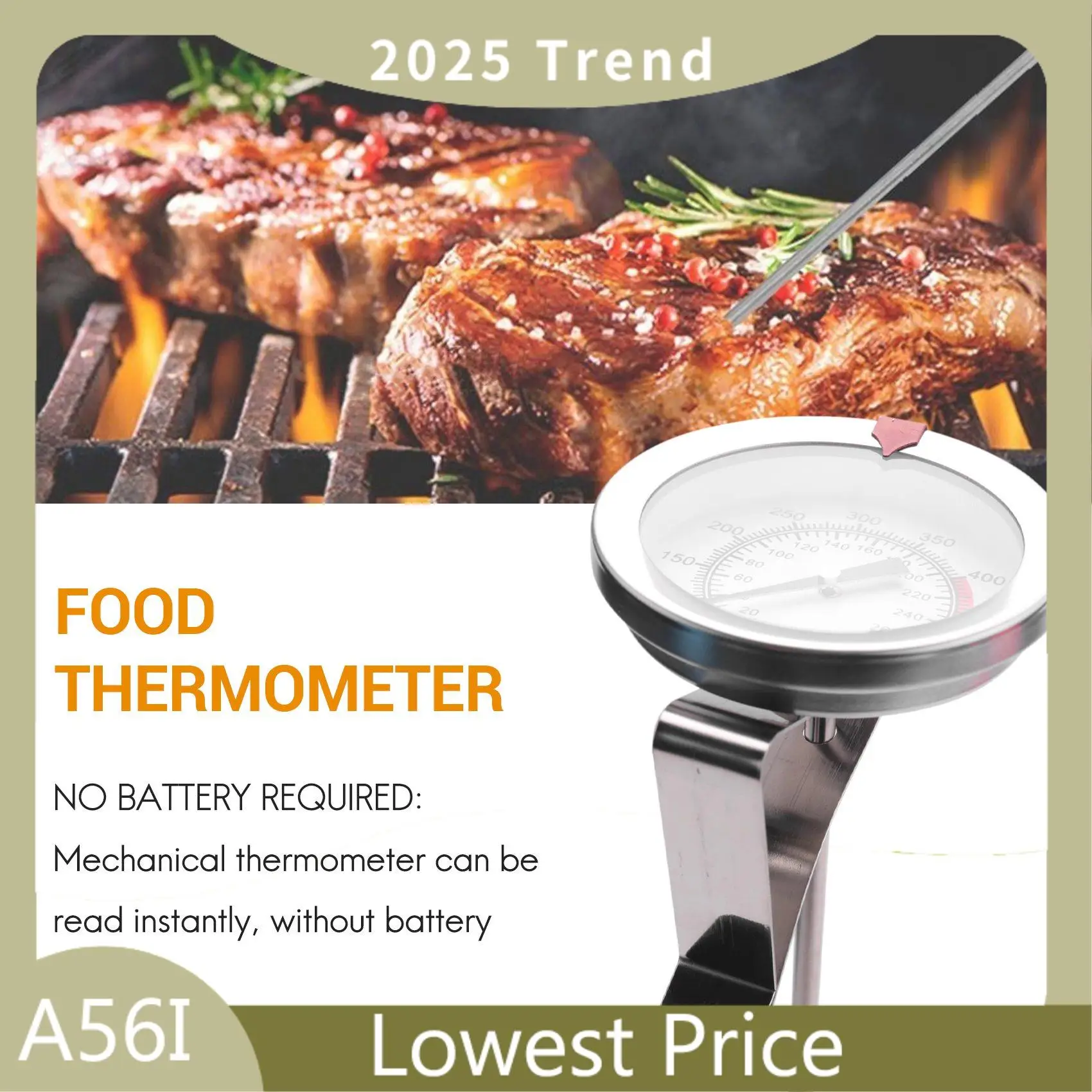 ABDD 12 Inch Mechanical Meat Thermometer Instant Read, Long Stem, Waterproof, No Battery Required, Stainless Steel Deep Fry Ther