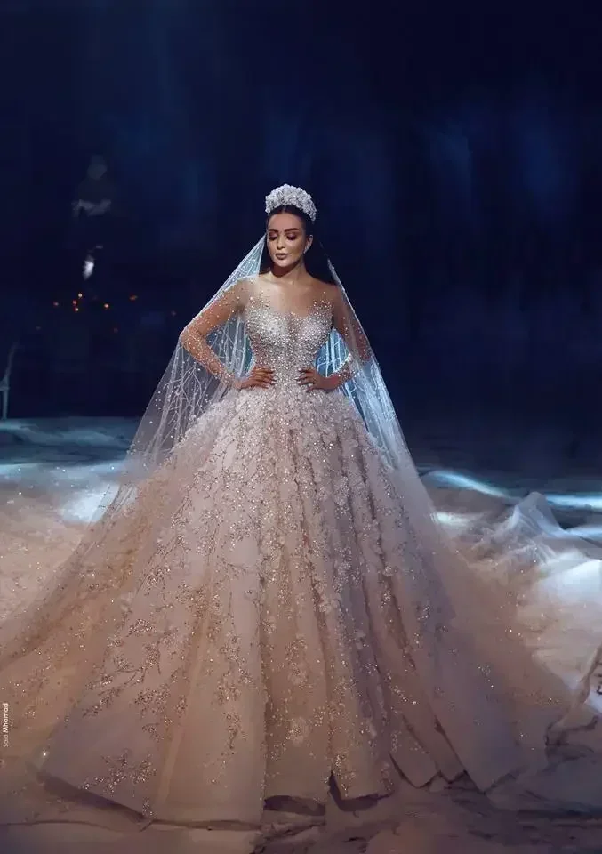 Customized Arabic Luxury Ball Gown Wedding Dress Blingbling Bead Lace Appliques Princess Bridal Gown Plus Size Vestido De Noiva