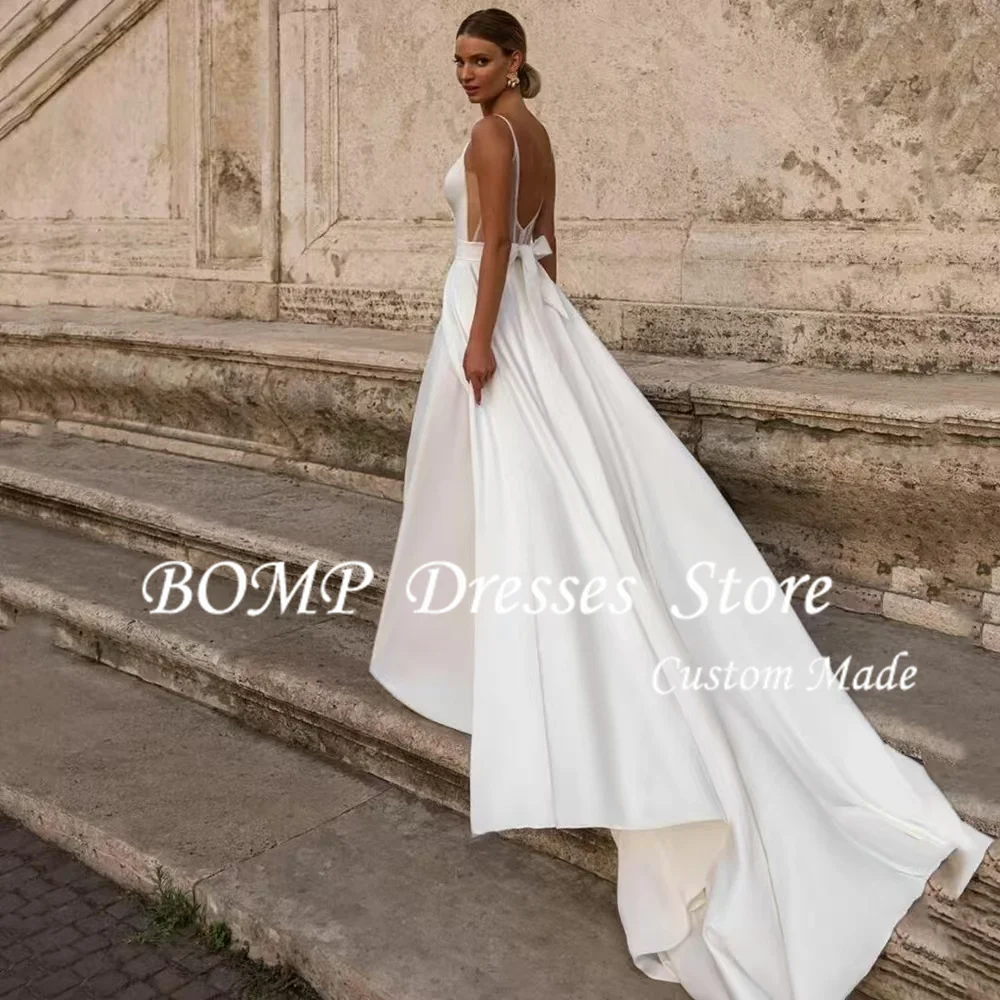 BOMP-Vestidos de Novia de corte en A, tirantes finos de satén personalizados, Vestidos de Novia sexys con espalda descubierta, cola de barrido, Vestidos de Novias Boda 2025