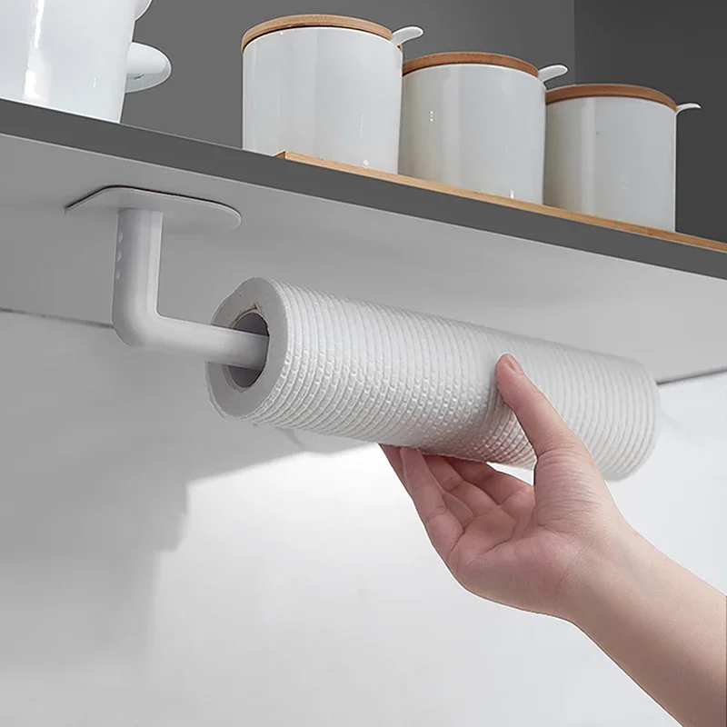 1pcs Kitchen Paper Towel Holder Self-adhesive Accessories Under Cabinet Roll Rack Tissue Hanger Storage Rack for Bathroom Toilet