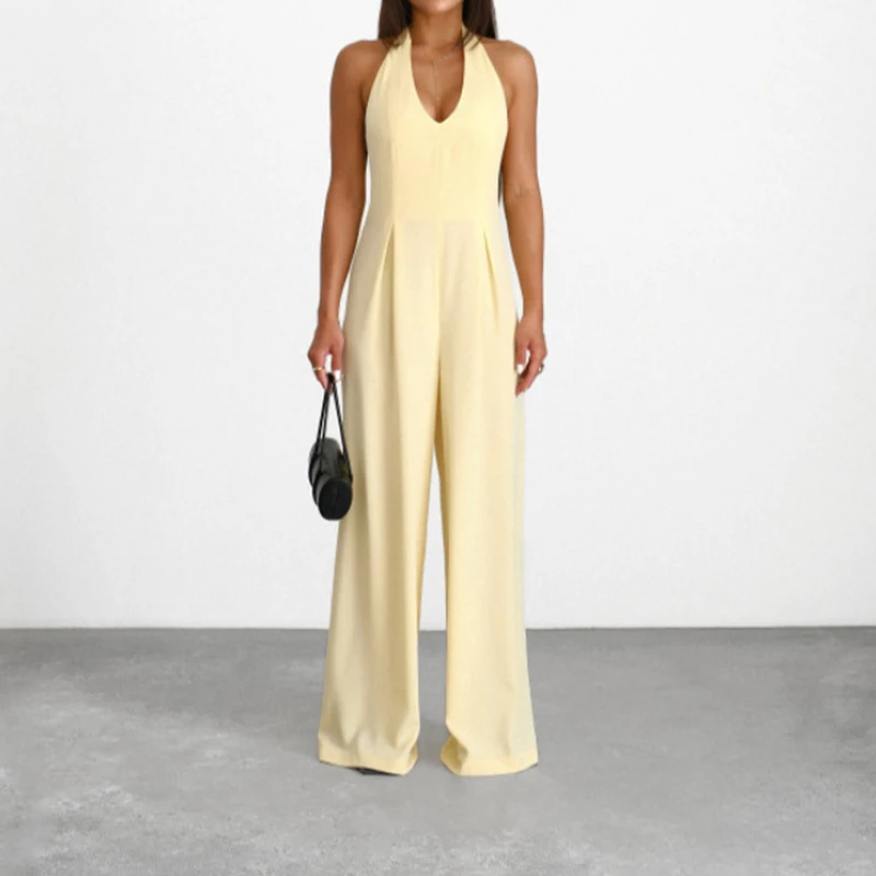 

Women's Sexy Backless Tie-Up Playsuit Elegant Halter Sleeveless Draped Long Jumpsuit Fashion Hight Waist With Cape Party Romper