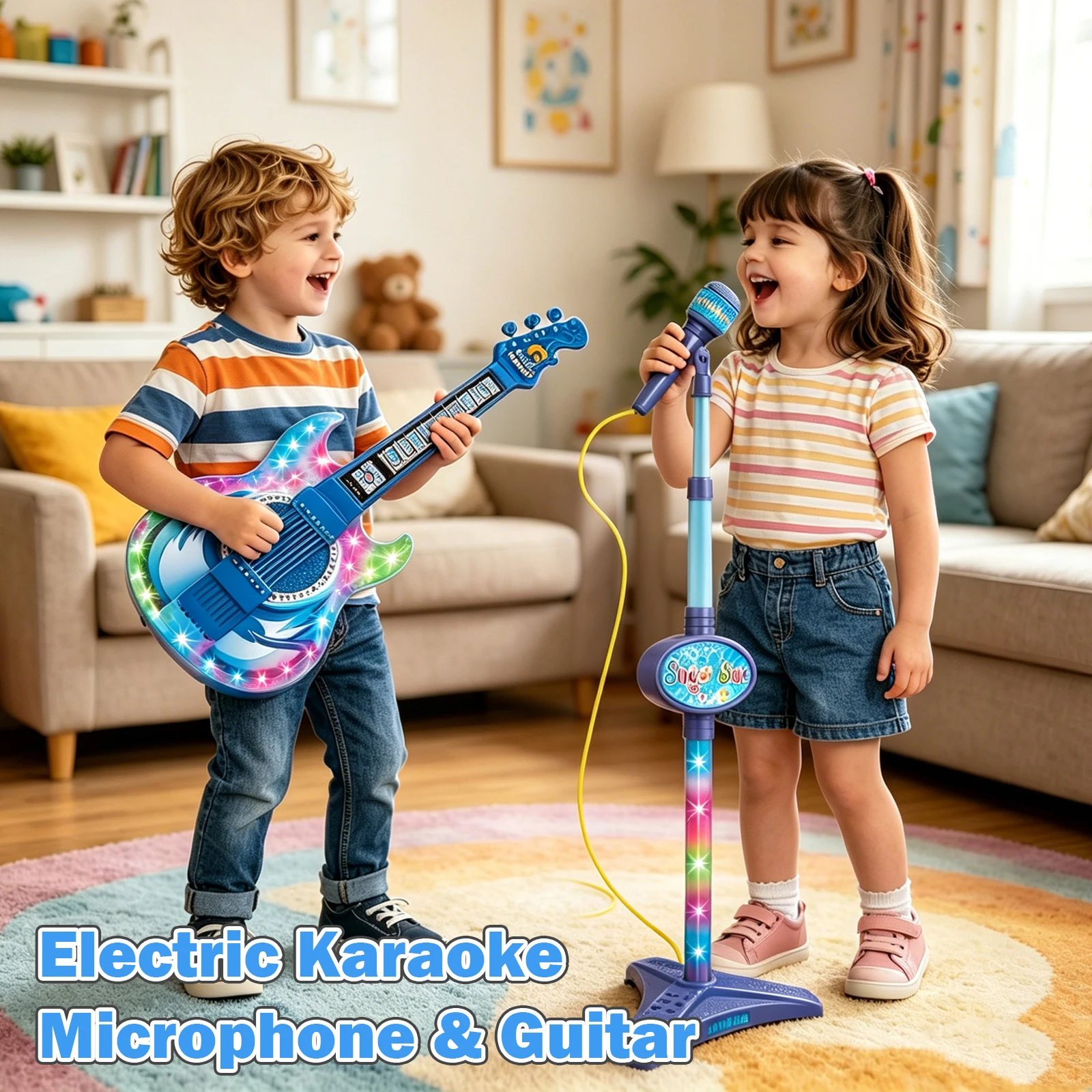Children's Electric Karaoke Microphone Multi-functional Guitar Singing Song Musical Instrument Set with Light Toys for Kids Gift