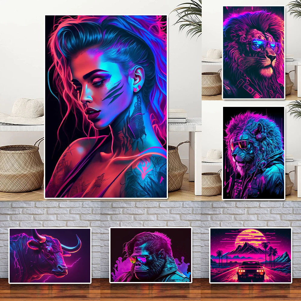 

Neon Effect Luxury Sports Car Canvas Painting Fashion Lion Wearing Sunglasses Poster Sexy Girl Graffiti Wall Art Room Home Decor