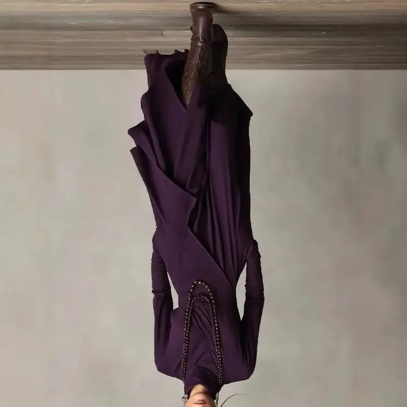 European-style Women Clothing Amazon Autumn Collection Solid Color Long-sleeved Cross High-neck Dress Long Dress Stylish Elegant