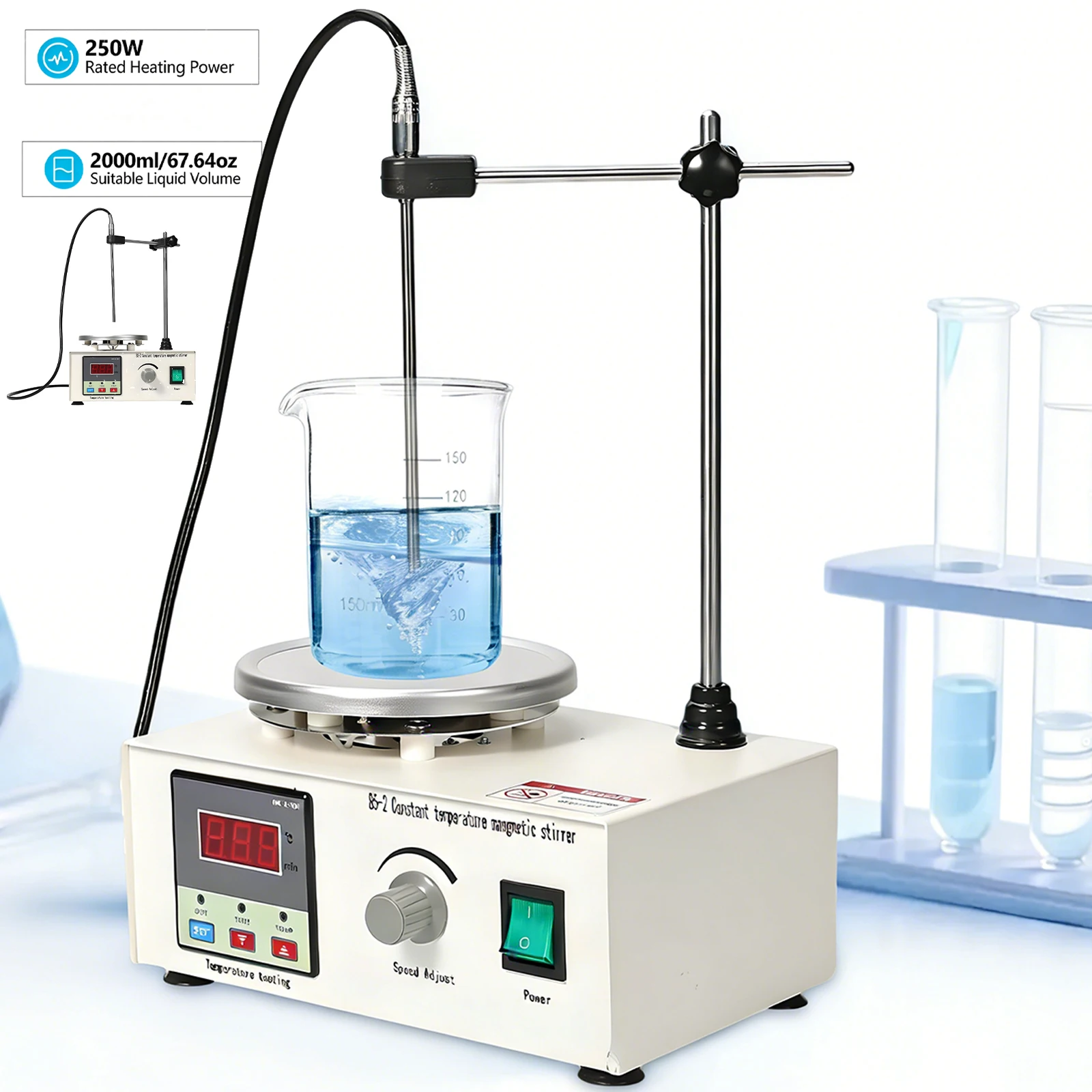 Agitateur Magnétique Numérique 250W, Plaque Chauffante de Laboratoire sur Pied, Mélangeur Grand Volume en Acier Inoxydable 304