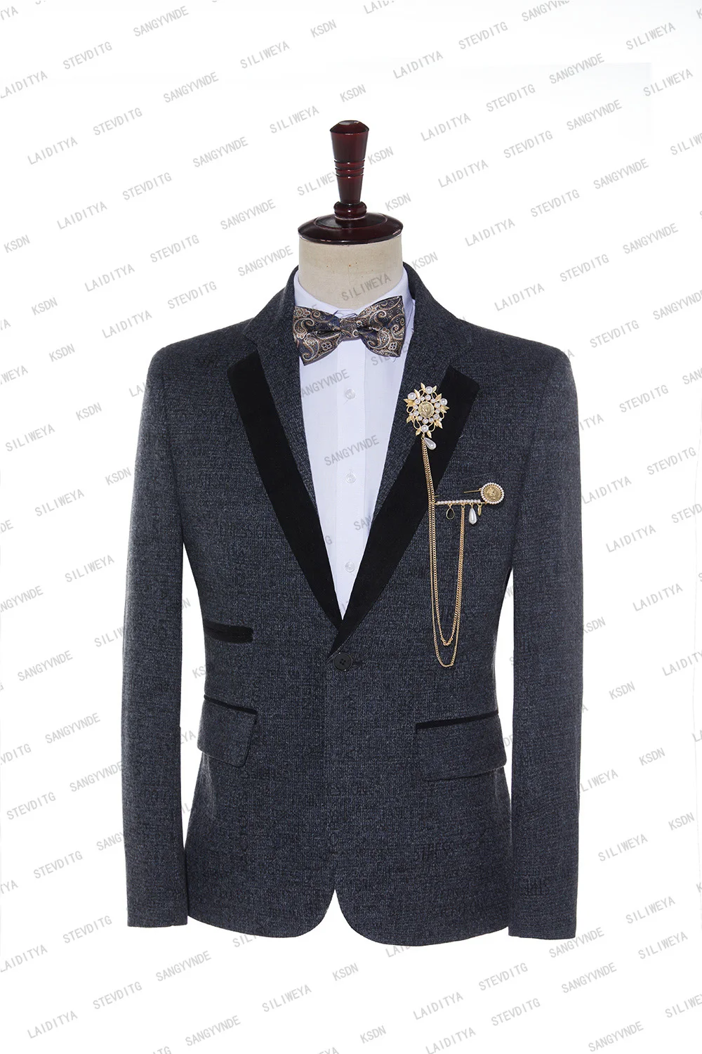 Men's High Quality Business Blue Black Tweed Velvet Trimmed Best Wedding Groom Dress Two-Piece Suit Man Tuxedos（Jacket Pants）