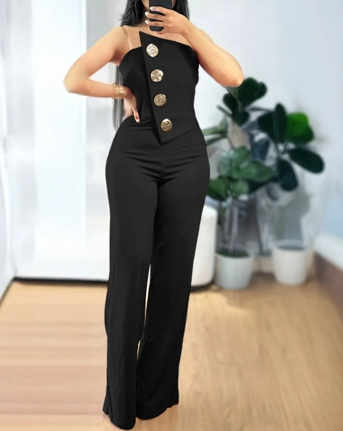 

Sexy Asymmetrical Bandeau Strapless Jumpsuit Metal Button Decor Casual Overalls 2025 Woman Long Jumpsuits Elegant