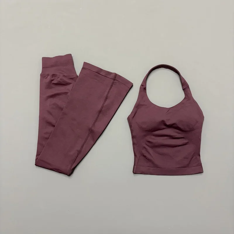 2-teiliges HISTELLO Gym Flares Leggings Set Nahtloses Sport-Neckholder-Top-Set Einfarbige Yoga-Sportbekleidung Workout Fitness Flare-Hosen-Set – Detail 14