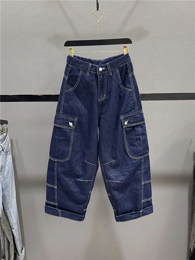 

Retro High Waist Wide Leg Denim Workwear Jeans Women's Summer Loose Casual Dad Pants Big Pocket Trousers Casual Style