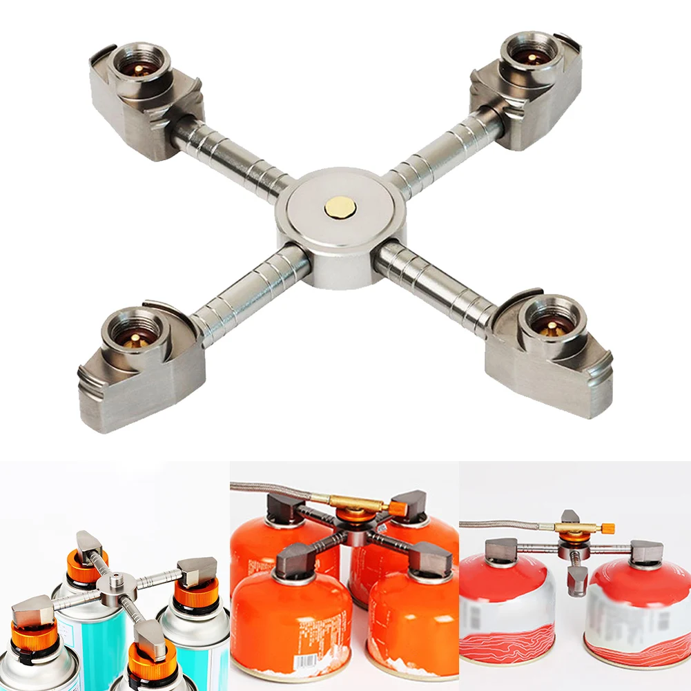 Adaptador de estufa de Camping de 12,5x12,5x2,8 cm, conector de extensión de tanque distribuidor de Gas de cuatro salidas, adaptador de accesorios para estufa al aire libre