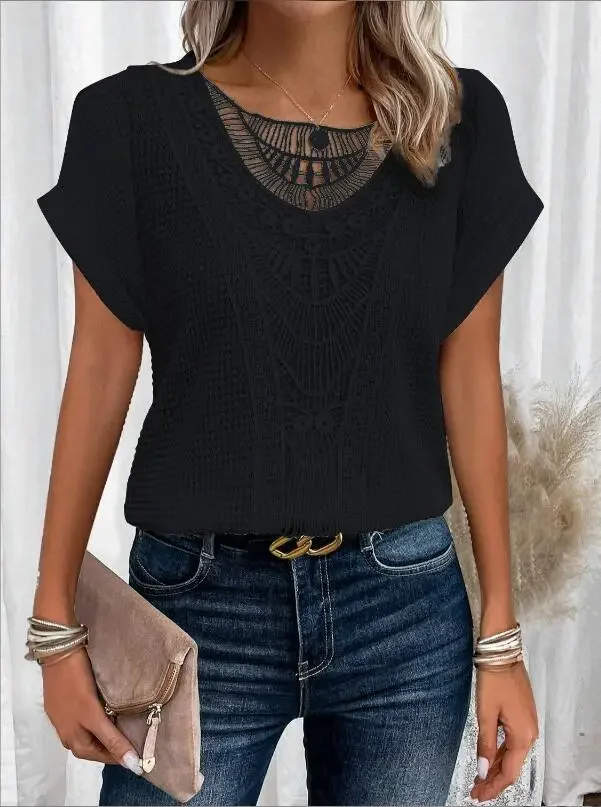 Fashion Lace Stitching T-shirt For Women's Tops Summer Casual Round Neck Office Ladies Clothes Short-sleeved Loose Tees Women