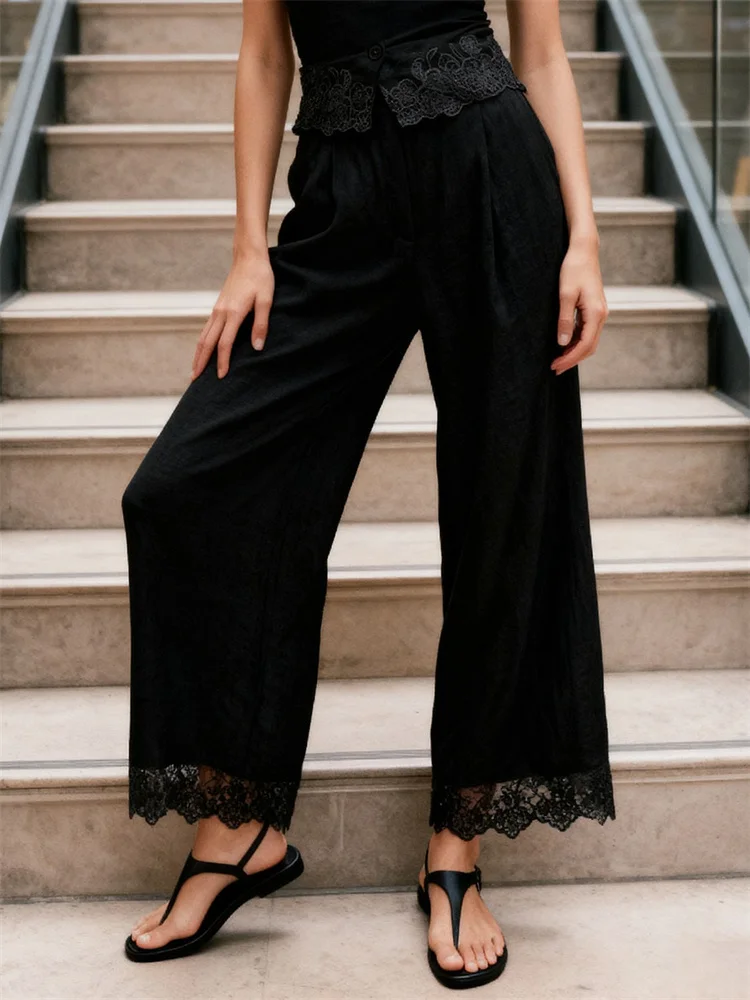 CHRONSTYLE กางเกงสตรีฤดูใบไม้ผลิฤดูใบไม้ร่วงแต่งลูกไม้ลำลองทรงหลวมมีสไตล์สีทึบกางเกงขาตรงเอวกลาง