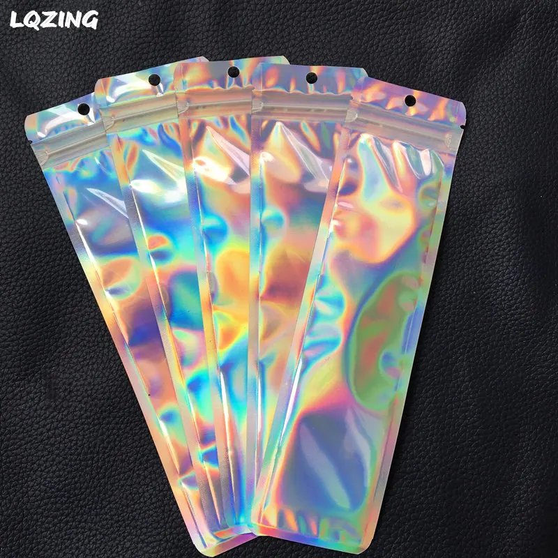 120Pcs Hologram Aluminium Foil Zip Lock Bags Clear Display Window Long Plastic Pouch Watch Jewelry Pen Makeup Brush Bag Storage