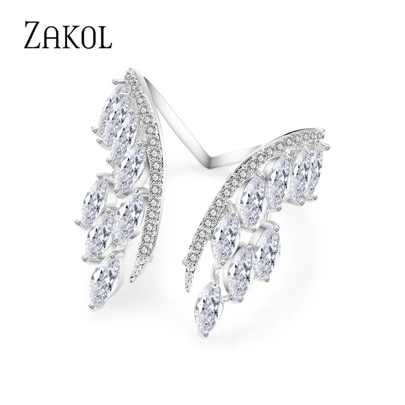 ZAKOL Trendy White Wing Shape Open Rings for Women Personality Cubic Zirconia Adjustable Girls Ring Party Wedding Jewelry