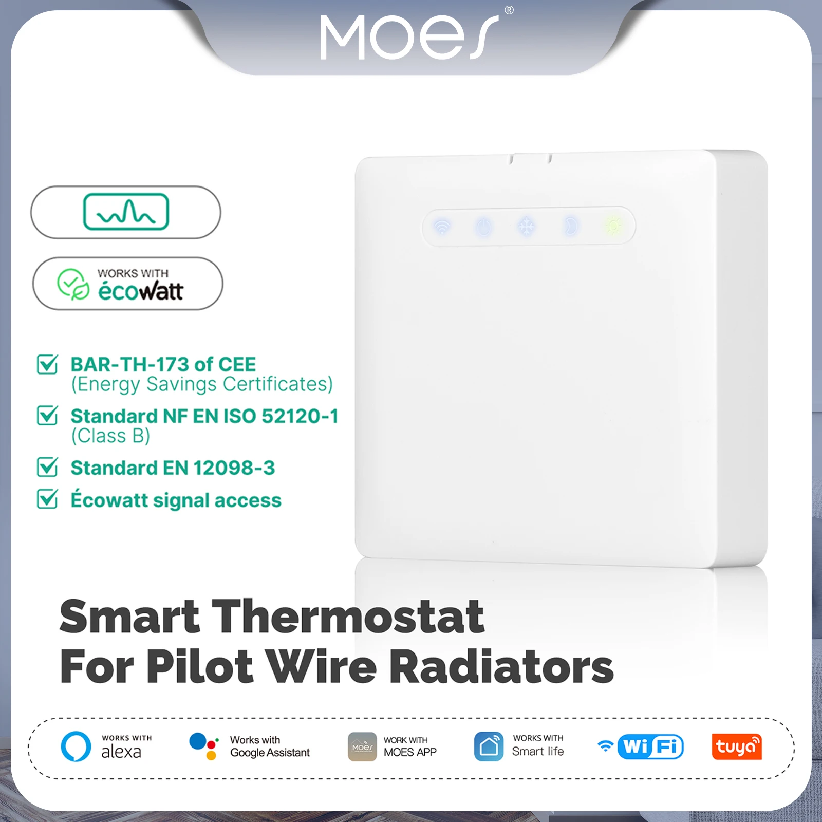

Умный термостат MOES TUYA с Wi-Fi для радиаторов с пилотным проводом, поддержка мониторинга энергопотребления Ecowatt, совместимость с Alexa и Google Home