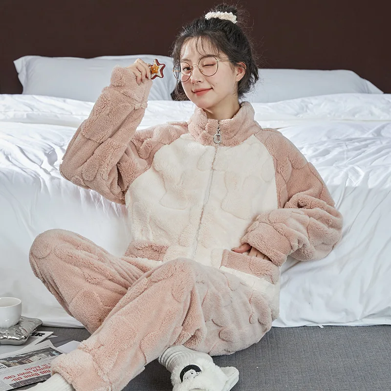 Women\'s Pajamas Set Autumn and Winter Flannel Thickened Standing Neck Zipper Coral Plush Sleepwear Home Wear Suit Pyjama Femme