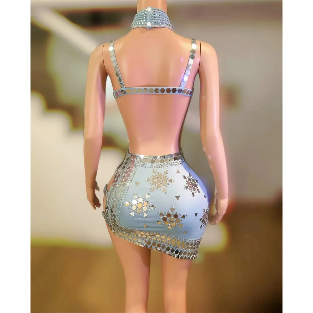 Bar Nightclub Sexy High Slit Short Dress Women Singer Club Party Performance Stage Costume Purple Black Rhinestones Mini Dress