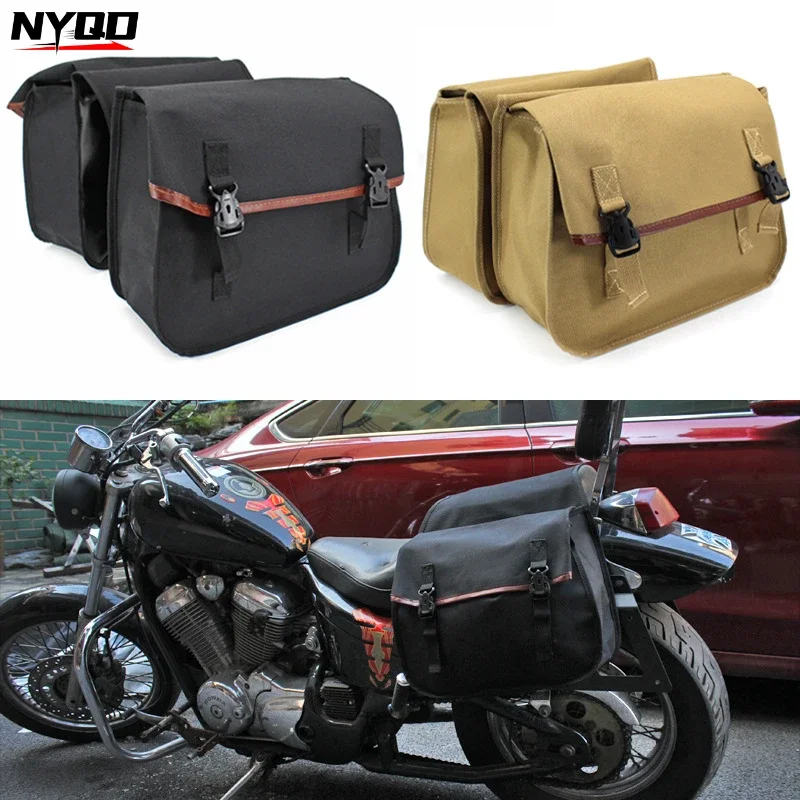 Pair Motorcycle SaddleBags Canvas Waterproof Panniers Luggage Side Tools Bag Pouch Cafe Racer Old School Bobber Touring