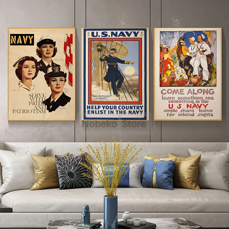 Vintage 1920s The Navy The Service Travel Training Recruit Poster and Prints Canvas Painting Wall Art Pictures Home Room Decor