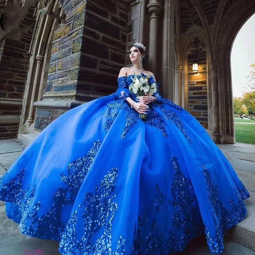 Custom Made Royal Blue Sweet 16 Quinceanera Jurken 2025 Baljurk Trompetmouwen Applique Mexico Vestidos De 15 Años