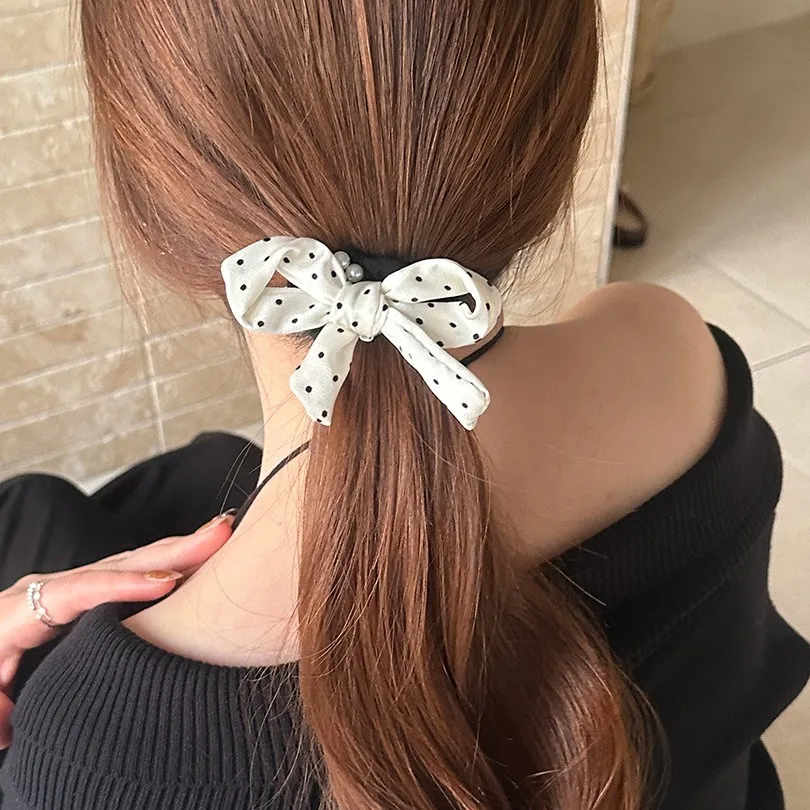 

Ponytail Holder Pearl Dot Bow Simple Chic Korean High Grade Hair Rope for Low Bun Updo Home Office