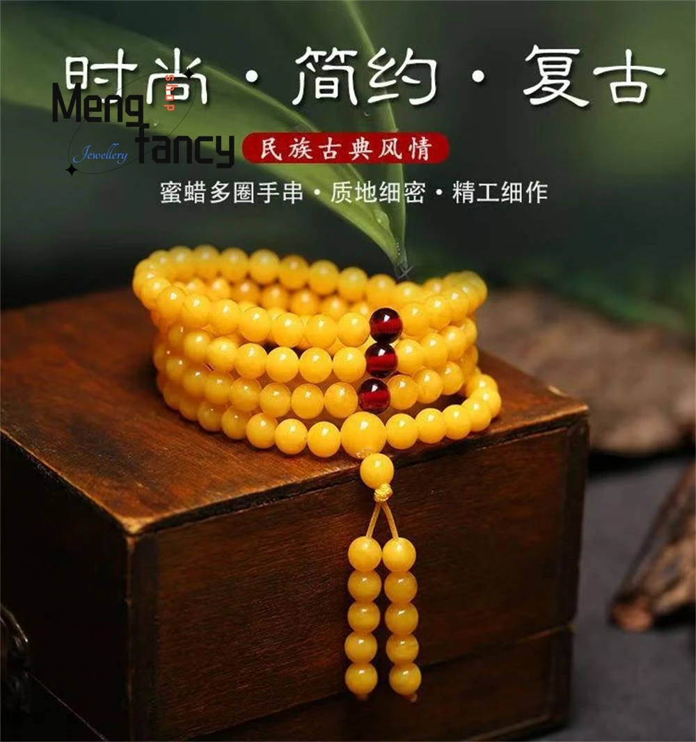 Natural Light Golden Chicken Oil Yellow Old Amber 108 Mala Beaded Bracelet Transparent Honey Wax Multi Wrap Unisex Sweater Chain
