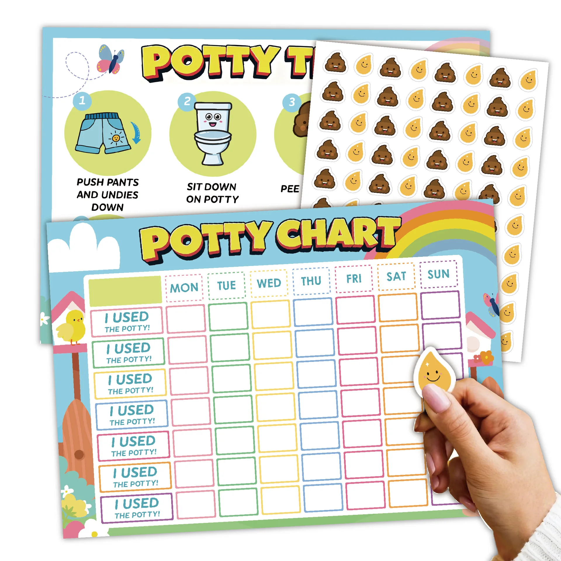 Toddler Potty Training Reward Chart Set, Kids Toilet Habit Tracking Sticker Kit with Step Guide