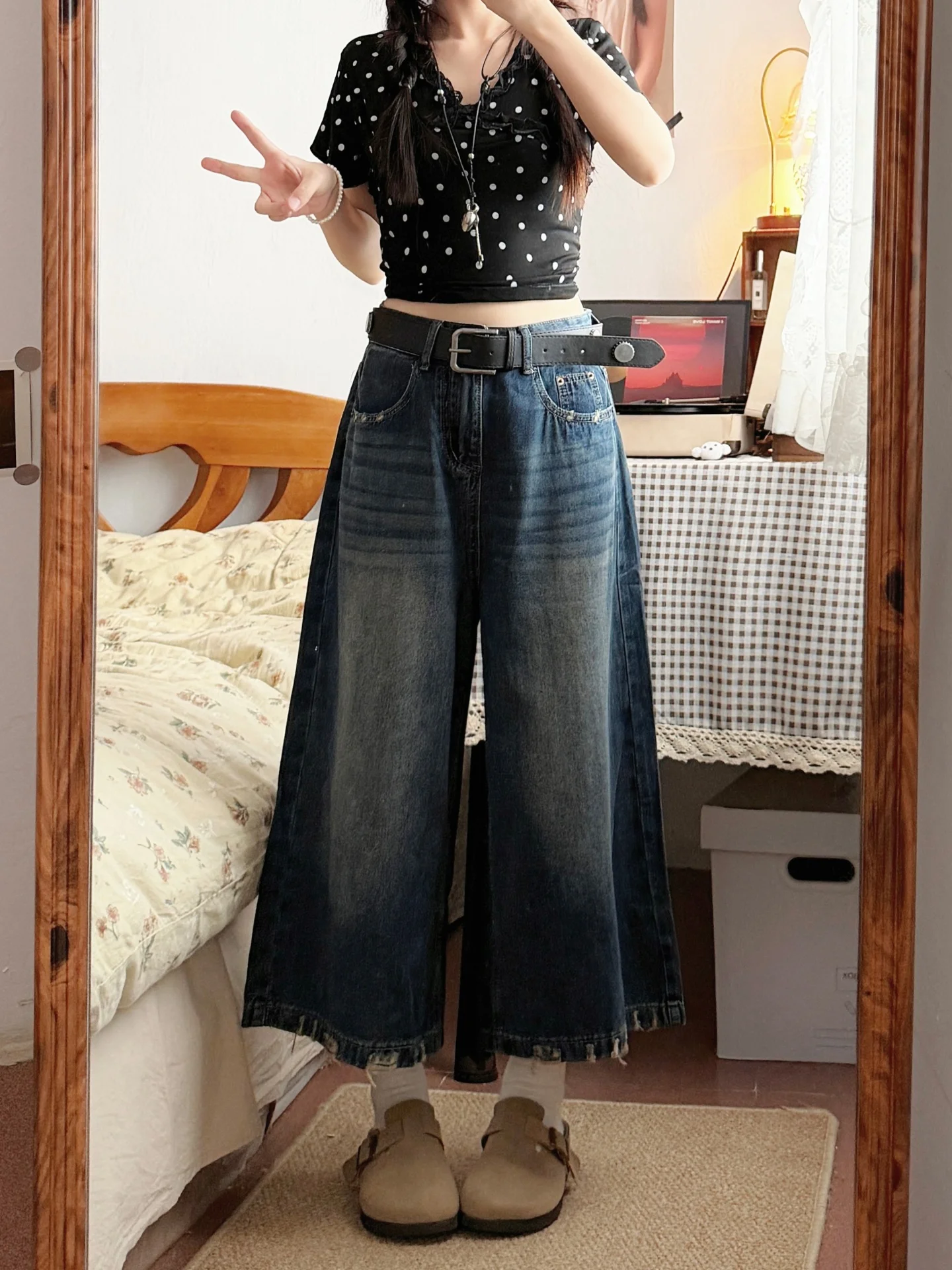 

plus Size American Retro Seven-Five Denim Pants Women Summer New Loose High Waist Slim Straight Leg Wide Leg Mid-Length Pants