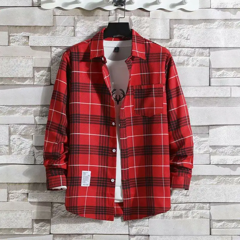 Spring New Men Plaid Shirt Long Sleeved Korean Trend Thin Style Lapel Collar Contrasting Colors Casual All-match POLO Shirt