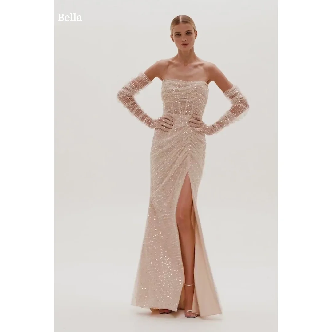 

Bella Индивидуальные перчатки цвета шампанского с блестками, вечерние платья без бретелек без рукавов, платье для выпускного вечера длиной до щиколотки с русалкой