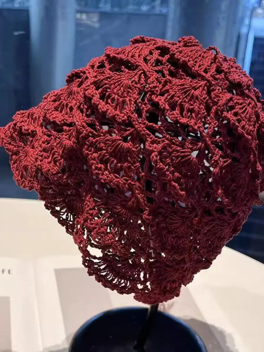 新しい透かし編みクロシェハット-レディース-春夏-薄手-カジュアル-オーバーヘッドキャップ-可愛いレディースハット-2点セット-カジュアルシックスタイル