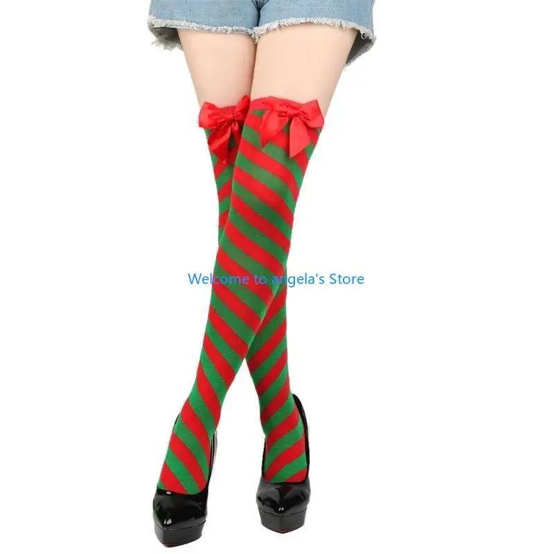 X4YC 女性カラフルなストライプオーバーニーロングソックス毛皮のようなトップ腿の高ストッキングクリスマスコスプレ衣装アクセサリー
