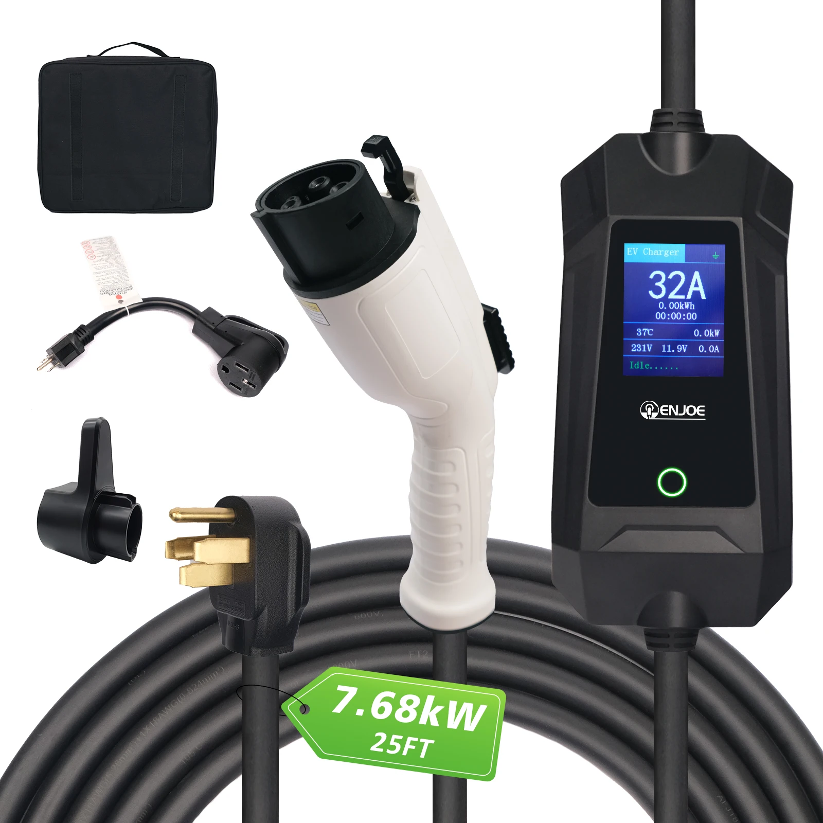 

ENJOE Level 2 Portable EV Charger 16A/32A 25ft Cable Selectable NACS or J1772 Plug Electric Car Portable Charging Station