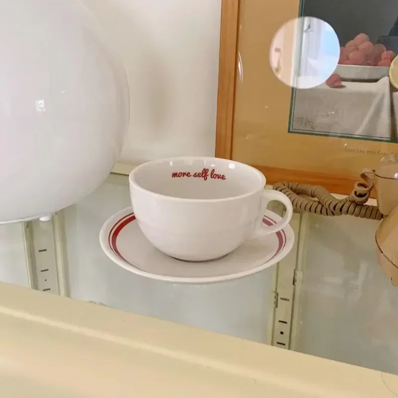 Korean Ins Style French Retro Mug Red Letter Line Ceramic Coffee Cup+plate White Milk Mug Minimalist Set Birthday Gift