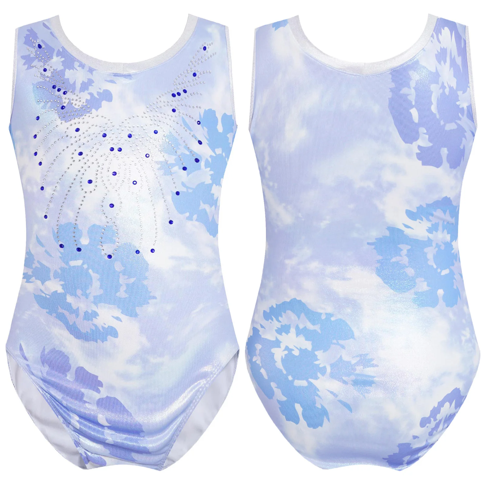 

Kids Girls Printed Sleeveless Gymnastics Leotard Metallic V-neck Shiny Rhinestones Bodysuit for Ballet Dance Practice Costumes