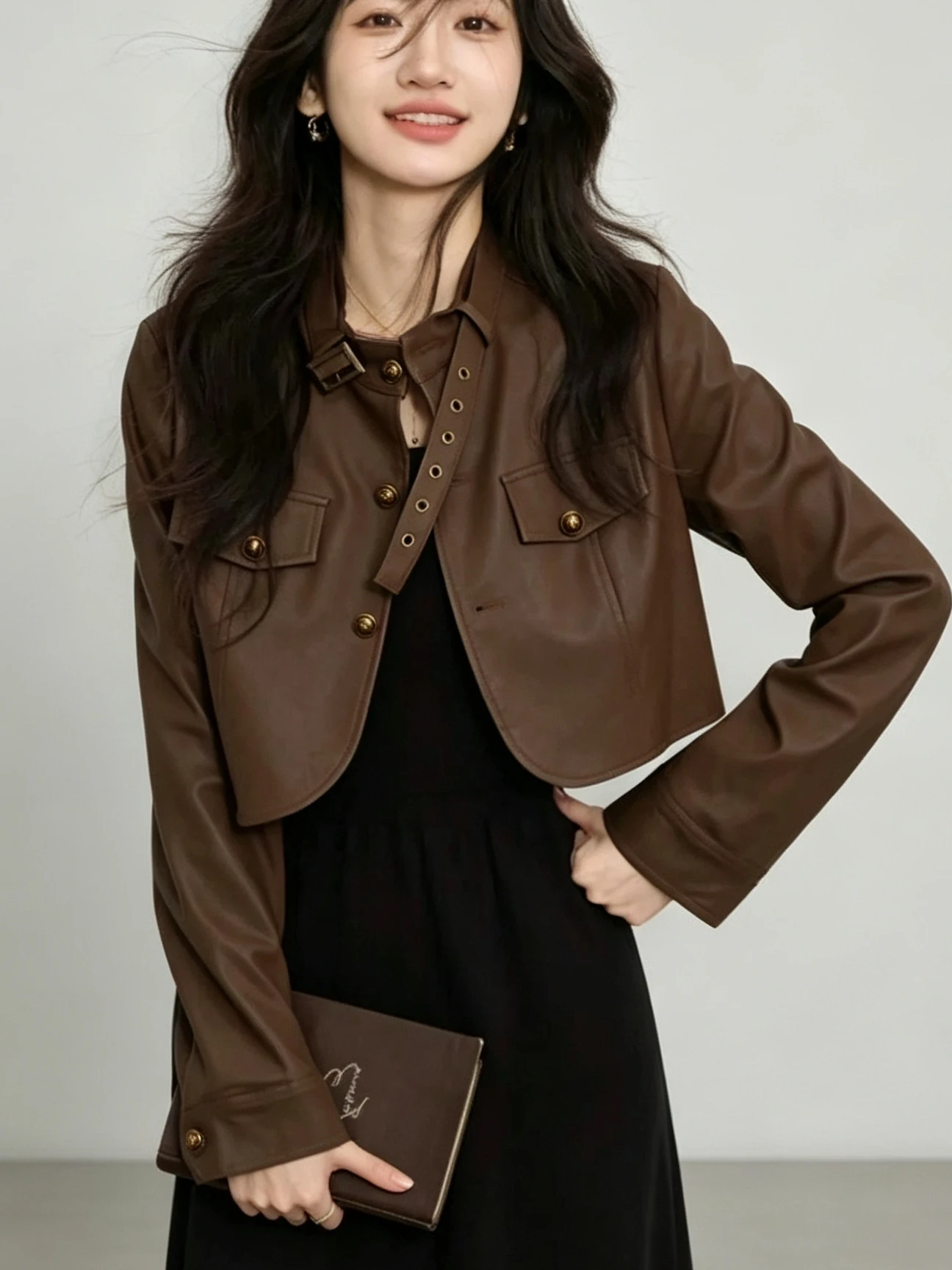 Retro Elegant Sweet Cool Motorcycle Jacket Women's Short PU Leather Coat Autumn New Style Versatile Slim Fit Zipper Closure