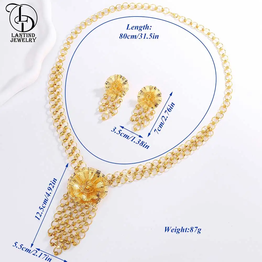 24K金メッキフラワーセーターと女性用ロングネックレス、中東の高級品、タッセルイヤリング、ファッションジュエリー、2個セット、as00039