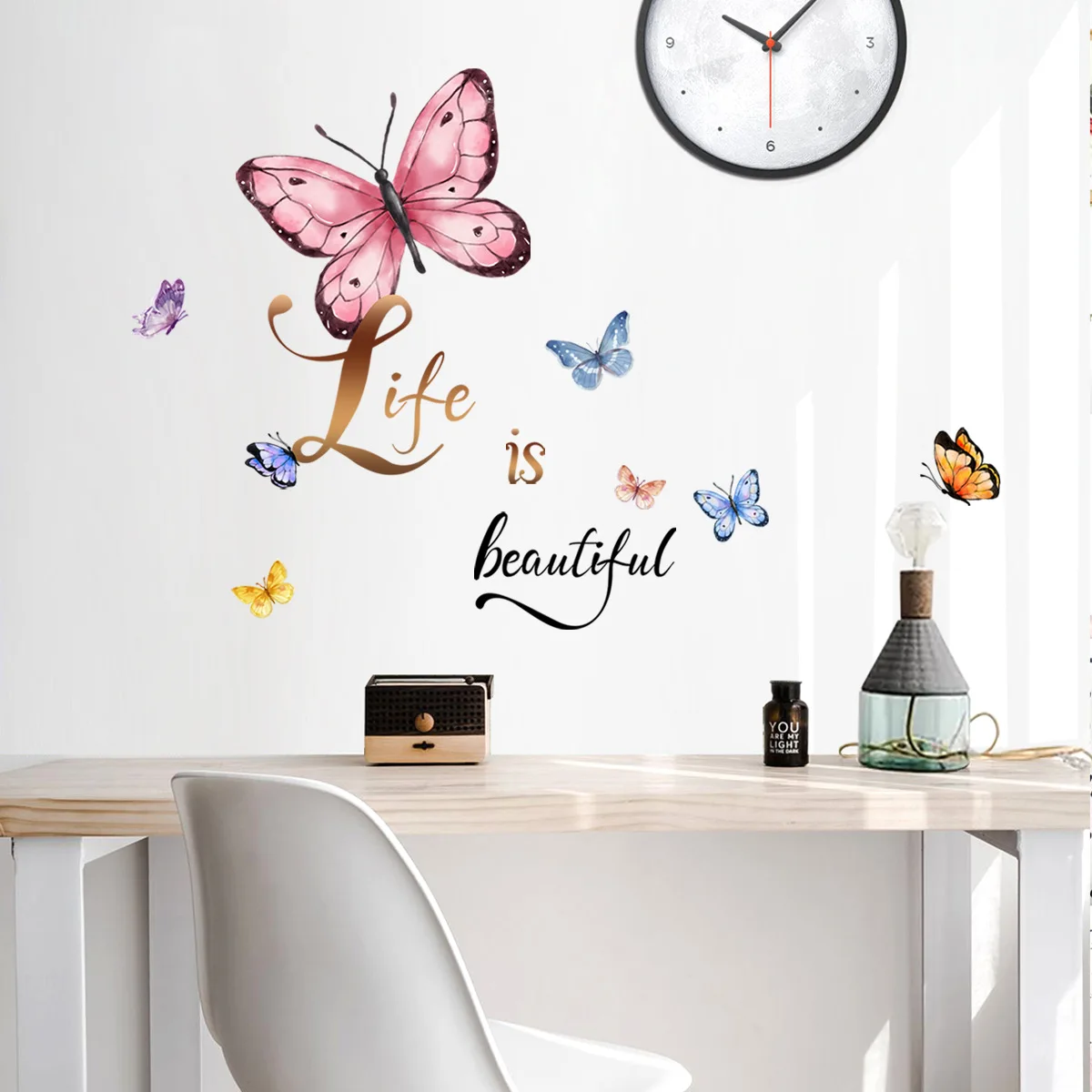 30*90cm Life Is Beautifu Butterfly Cartoon Wall Sticker Cute Background Wall Living Room Bedroom  Decorative Mural Wall Sticker