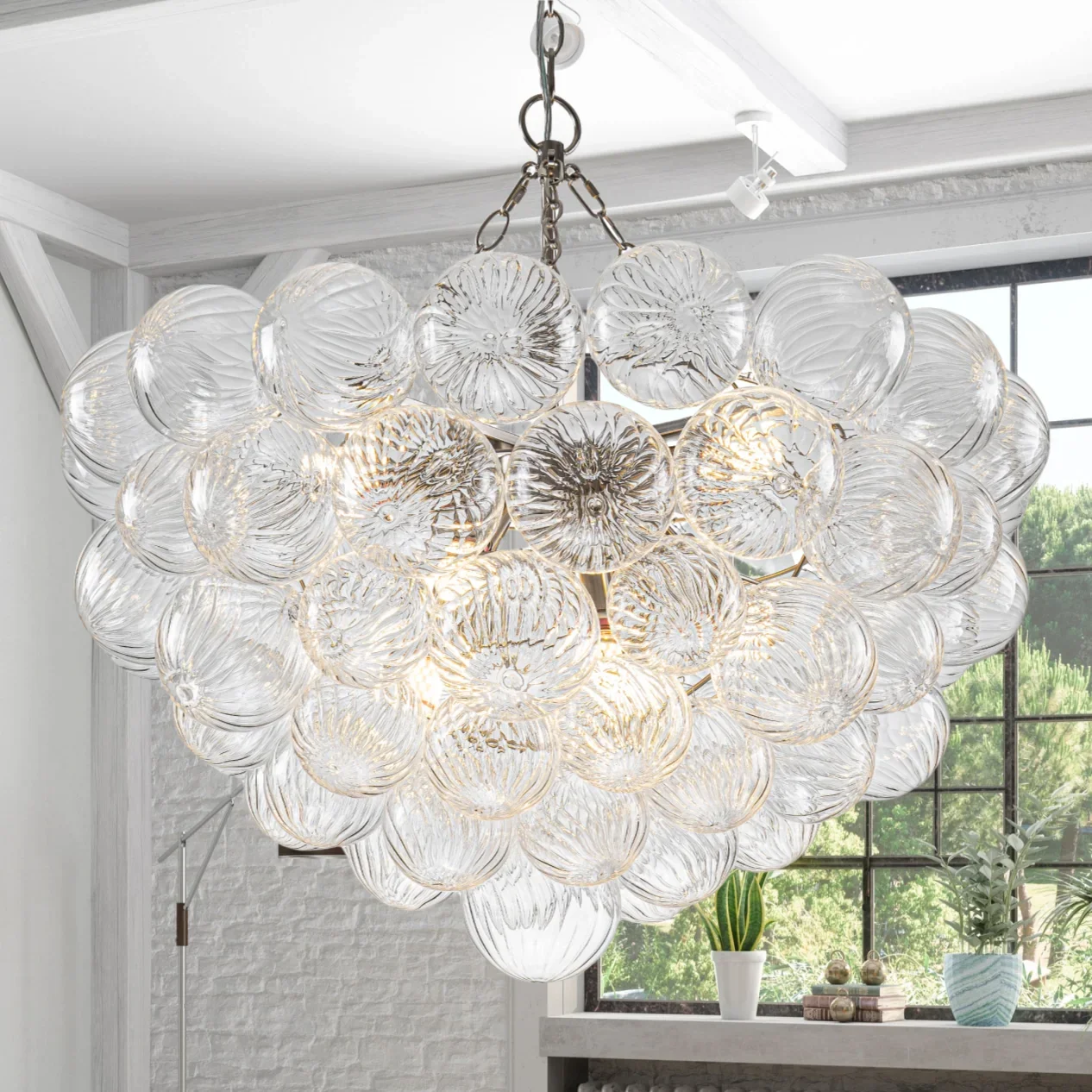 Nordic Glass Bubble Hanging Chandelier Large Foyer Round Ball Ceiling Pendant Light Modern Dining Room LED Ceiling Light E27Bulb