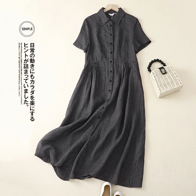 

Short-Sleeved Cotton Linen Beach Dress Causal Turn-down Collar Polo Black Dreees Vintage Woman Clothing Summer Sundress Travel