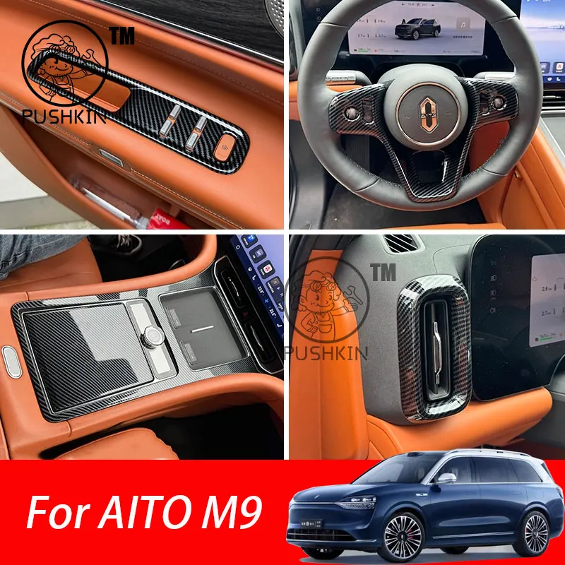 

For AITO M9 2024 Gear Shift Panel Trim Window Glass Lift Button Switch Panel Carbon fiber Protection Cover Accessories