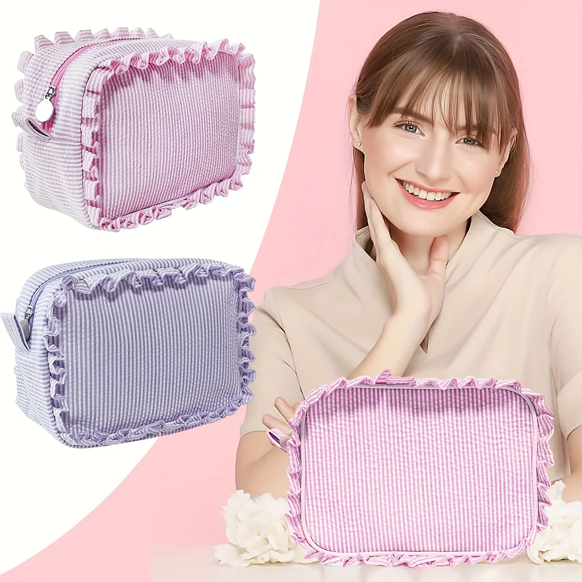 Sweet Style Solid Color Makeup Zipper Bag, Multifunctional Toiletry Wash Bag With Ruched Side Decor