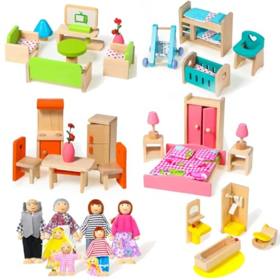 

52 Pcs Wooden Dollhouse Furniture Set Including 8 Family Dolls Miniature Doll House Accessories 1:12 Scale 5 Space Kits Bathroo