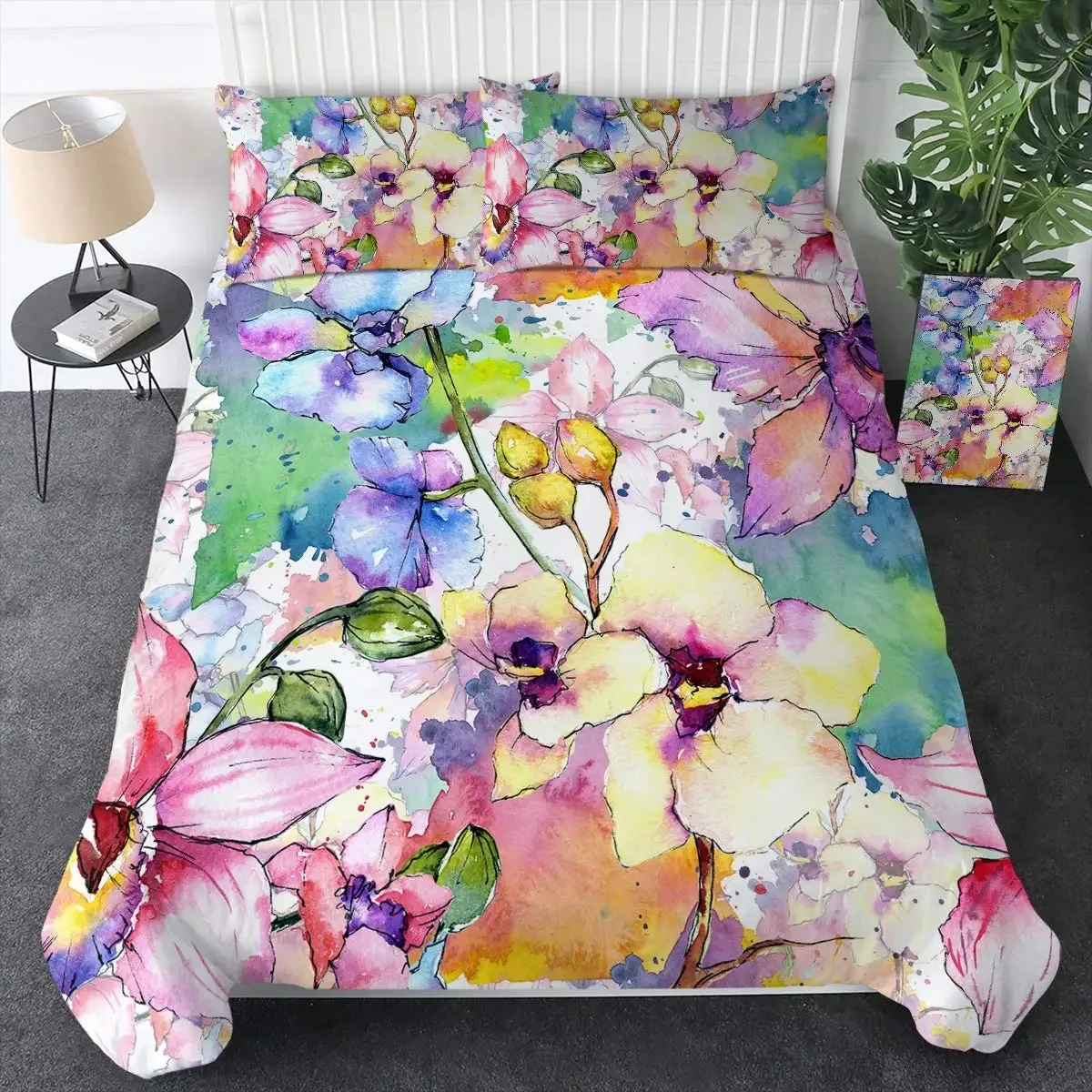 

Watercolor Botanical Flower Duvet Cover Set King Size Wildflower Orchid Floral Printed Bedding Set Elegant Shabby Chic Bedspread