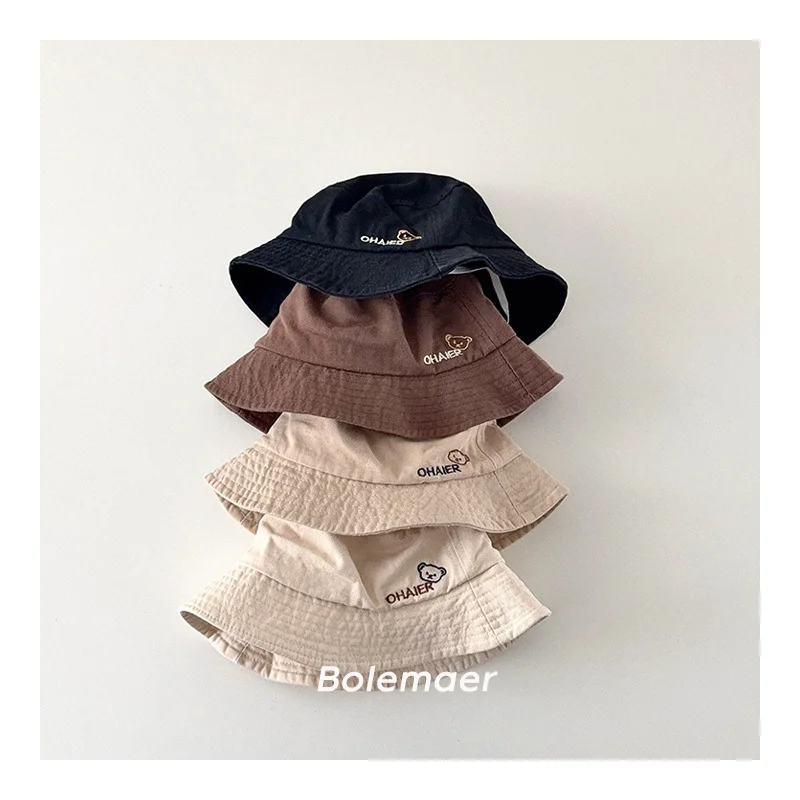

Cute Bear Baby Bucket Hat Spring Summer Cotton Toddler Fisherman Cap Solid Color Wide-brim Kids Boy Girl Sun Protection Hats
