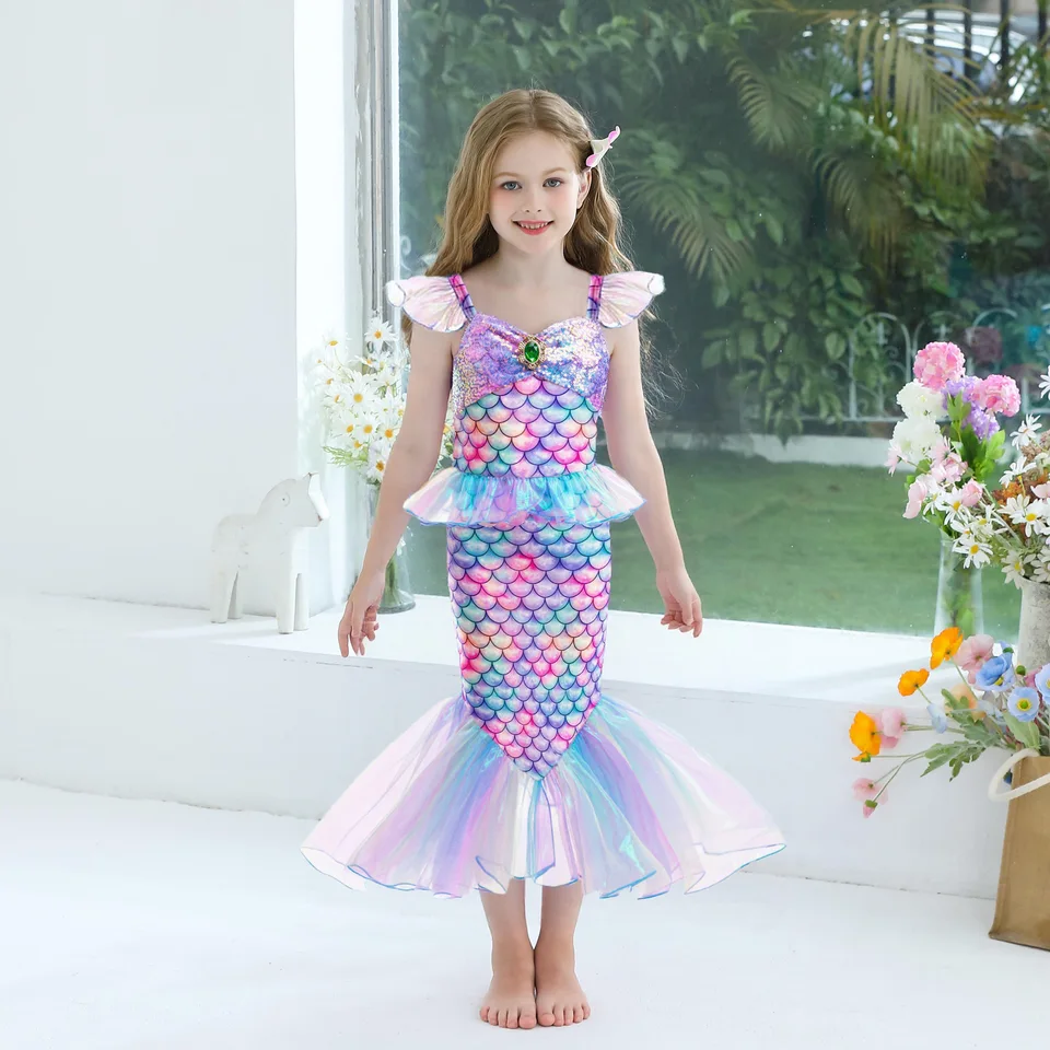mermaid rainbow dress Rainbow Mermaid Dress For Girls Halloween Theme Princess Party Costume  Ruffles Fish Pattern Print Dress 2-8 Yrs Kid Elegant Gown
