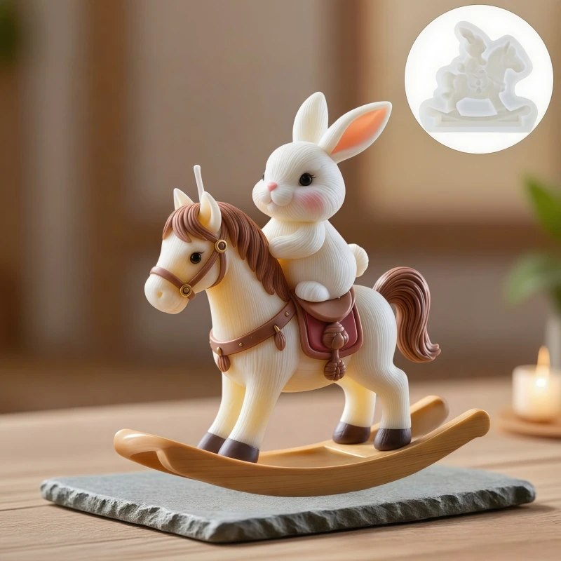 Cute rabbit riding rocking horse  candle silicone mold Easter rabbit riding rocking horse shaped resin  mold gypsum molds